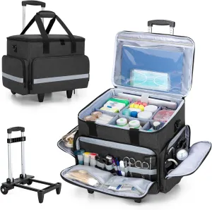 CURMIO Rolling Medical Bag with Wheels, First Aid Kits Case with Removable Dividers, Empty Emergency Response Supplies Bag for Home Health Nurses, Doctors, EMT, EMS Professionals, Black