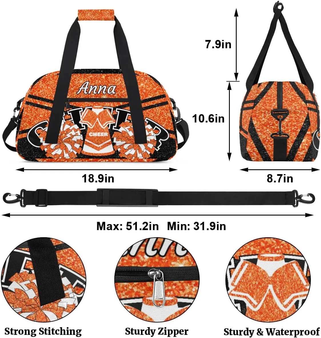 Custom Cheer Sport Gym Bags, Personalized Name Overnight Duffel Bags for Boys Girls Weekender Bag Dance Travel Tote Bags, Glitter Orange