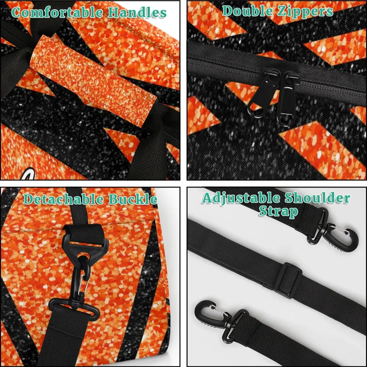 Custom Cheer Sport Gym Bags, Personalized Name Overnight Duffel Bags for Boys Girls Weekender Bag Dance Travel Tote Bags, Glitter Orange
