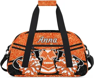 Custom Cheer Sport Gym Bags, Personalized Name Overnight Duffel Bags for Boys Girls Weekender Bag Dance Travel Tote Bags, Glitter Orange