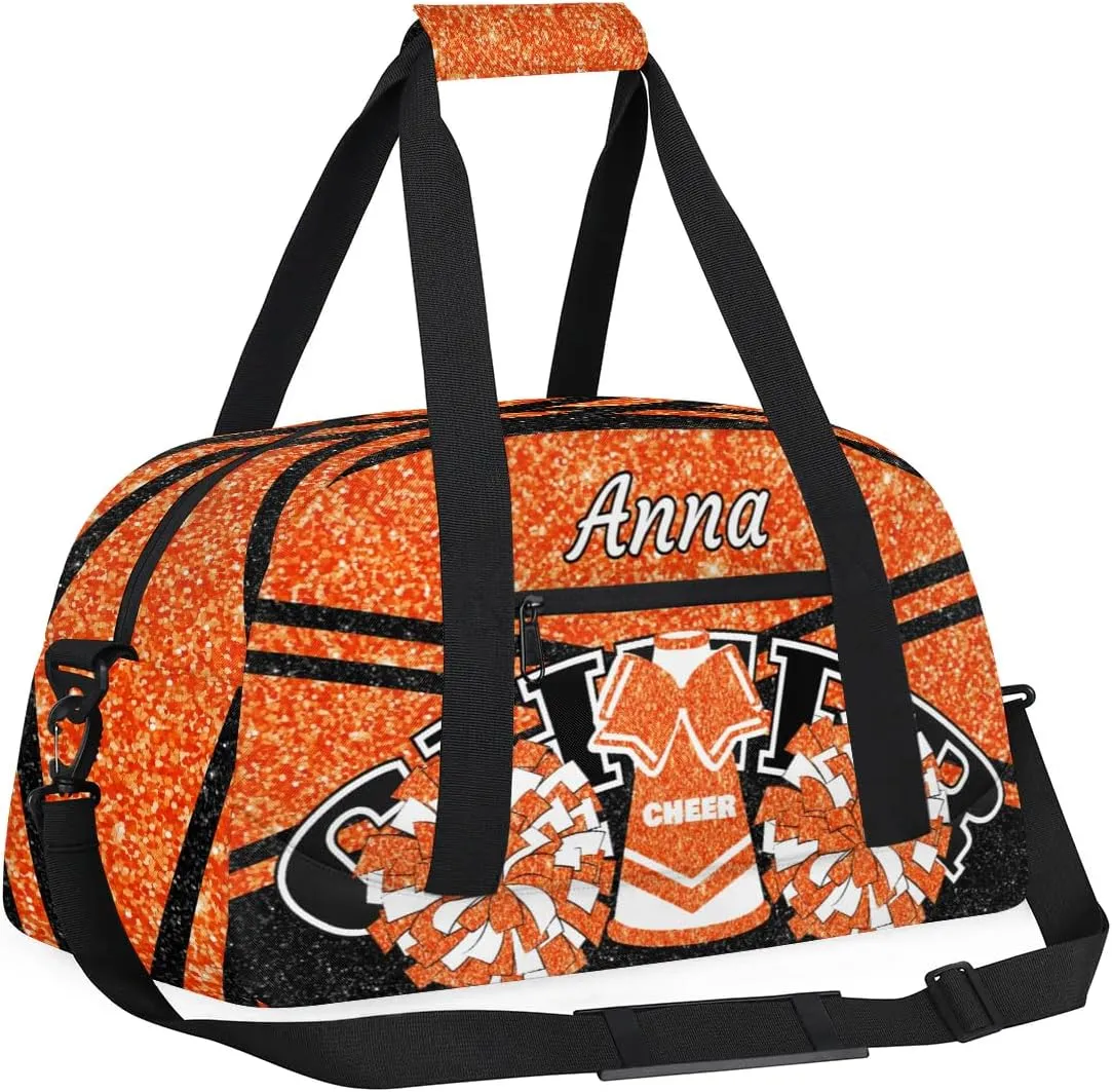 Custom Cheer Sport Gym Bags, Personalized Name Overnight Duffel Bags for Boys Girls Weekender Bag Dance Travel Tote Bags, Glitter Orange
