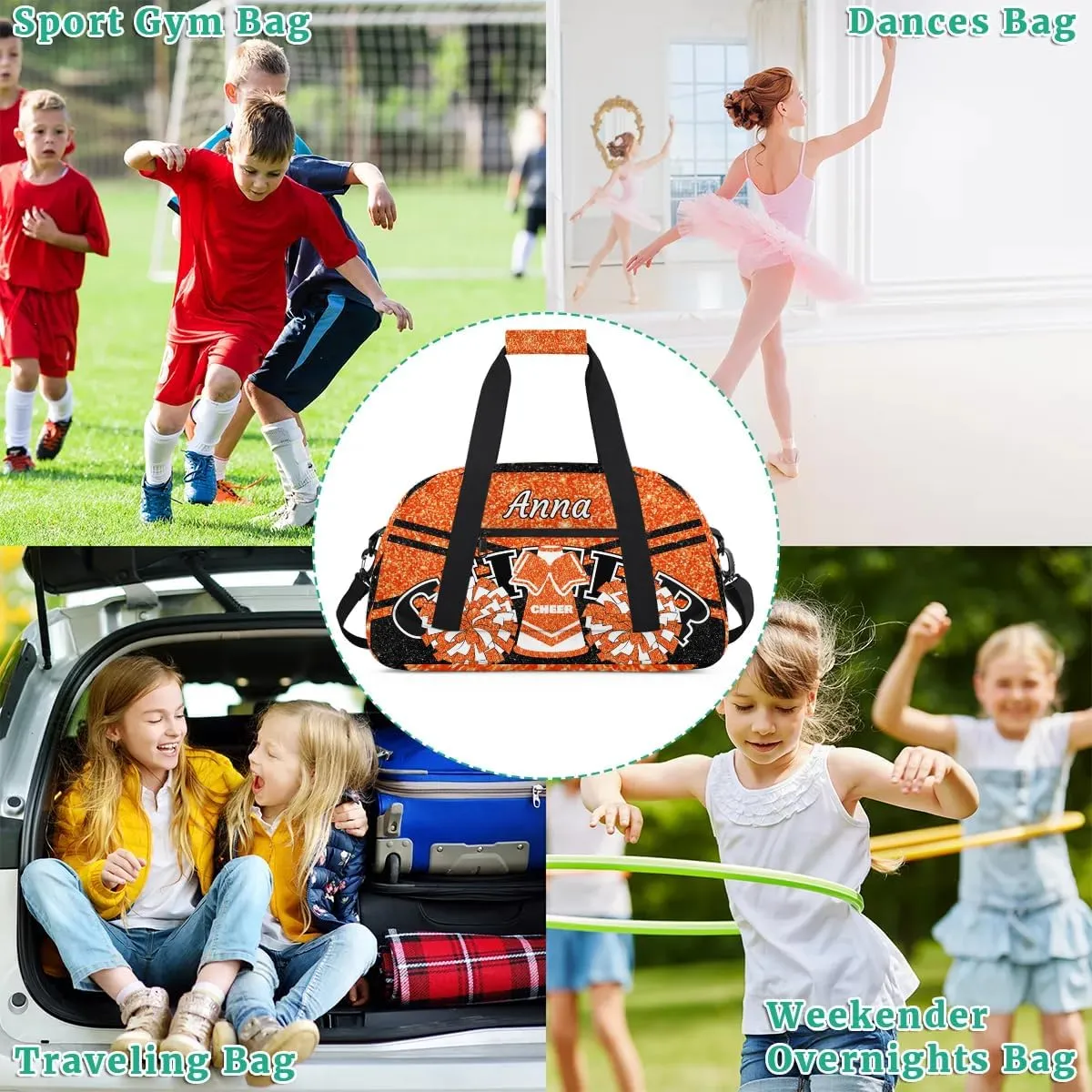 Custom Cheer Sport Gym Bags, Personalized Name Overnight Duffel Bags for Boys Girls Weekender Bag Dance Travel Tote Bags, Glitter Orange