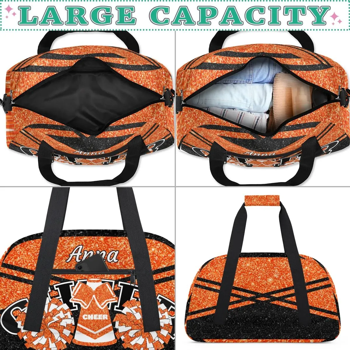 Custom Cheer Sport Gym Bags, Personalized Name Overnight Duffel Bags for Boys Girls Weekender Bag Dance Travel Tote Bags, Glitter Orange