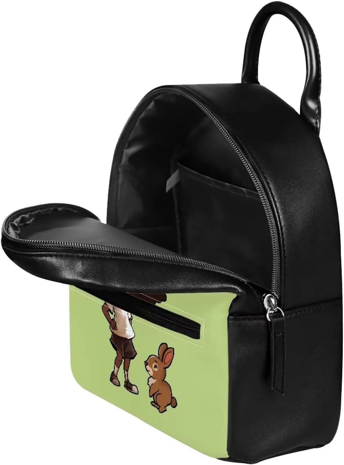 Custom Green Mini Backpack Purse For Women Teen Girls Rabbit Pattern PU Leather Zipper Closure Handbag Tote Small Travel Shopping Bag Water-Resistant Small Back Pack Lightweight