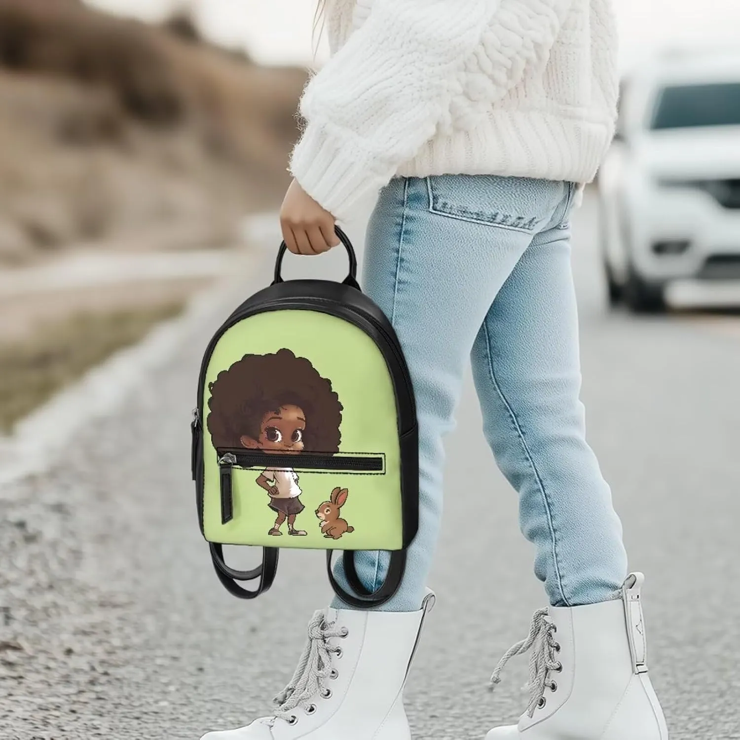 Custom Green Mini Backpack Purse For Women Teen Girls Rabbit Pattern PU Leather Zipper Closure Handbag Tote Small Travel Shopping Bag Water-Resistant Small Back Pack Lightweight