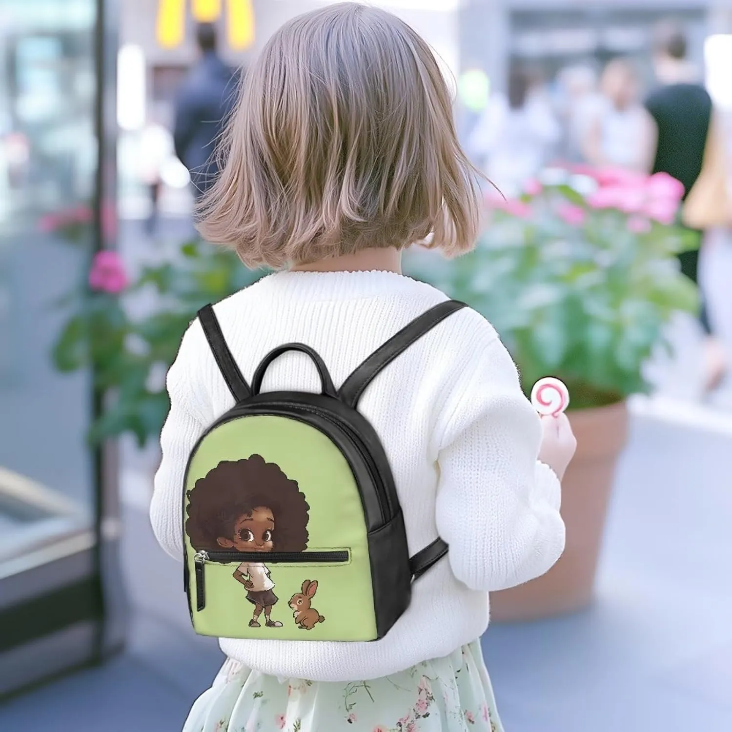 Custom Green Mini Backpack Purse For Women Teen Girls Rabbit Pattern PU Leather Zipper Closure Handbag Tote Small Travel Shopping Bag Water-Resistant Small Back Pack Lightweight