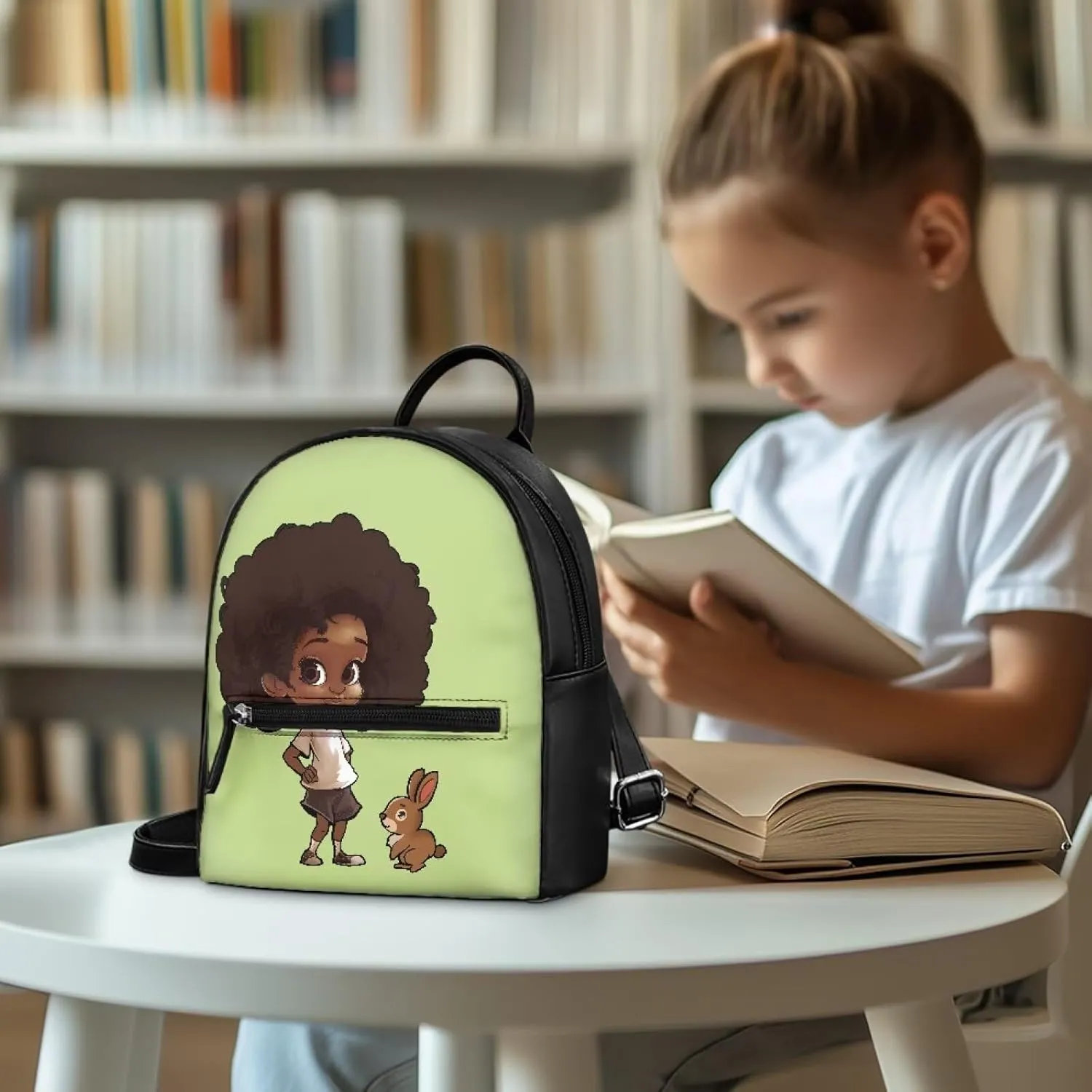 Custom Green Mini Backpack Purse For Women Teen Girls Rabbit Pattern PU Leather Zipper Closure Handbag Tote Small Travel Shopping Bag Water-Resistant Small Back Pack Lightweight