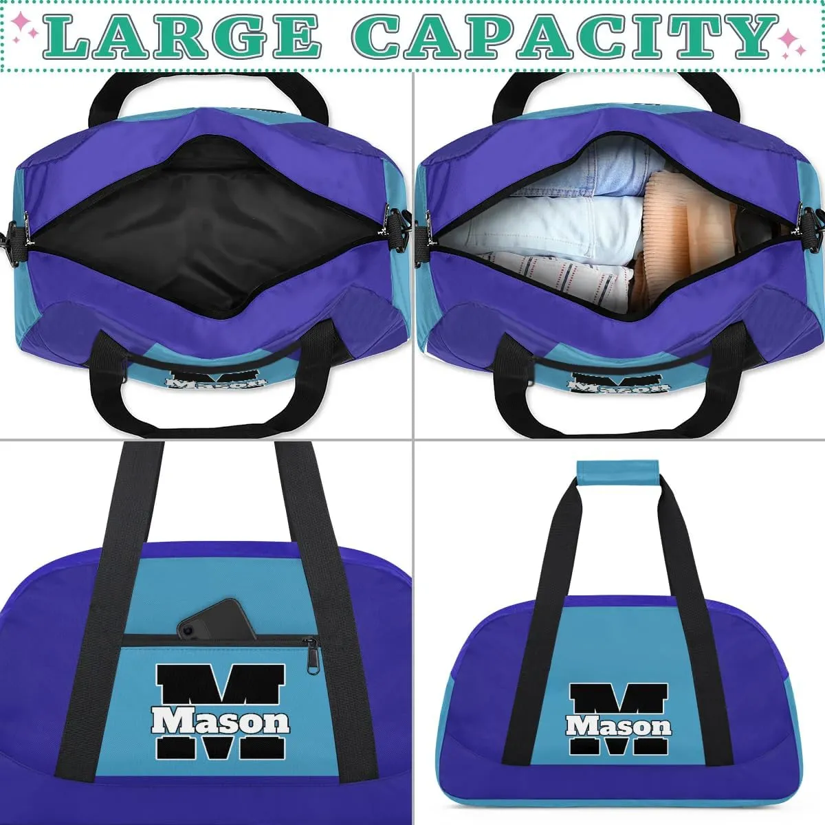 Custom Monogram Letter Initial Sport Duffel Bags Personalized Name Gym Bags Overnight Carry On Weekender Bags Dance Bags, Blue Light Blue