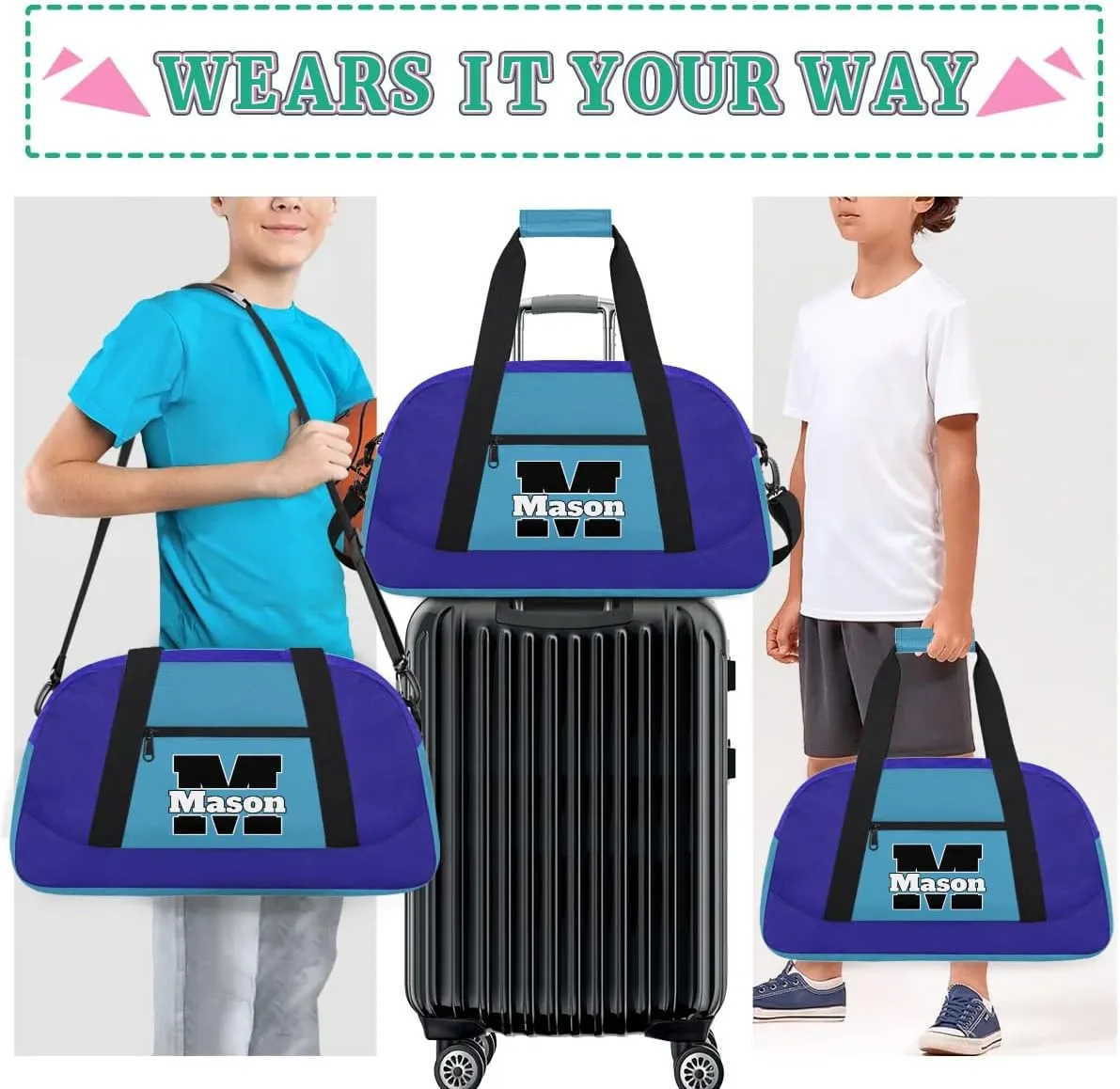 Custom Monogram Letter Initial Sport Duffel Bags Personalized Name Gym Bags Overnight Carry On Weekender Bags Dance Bags, Blue Light Blue