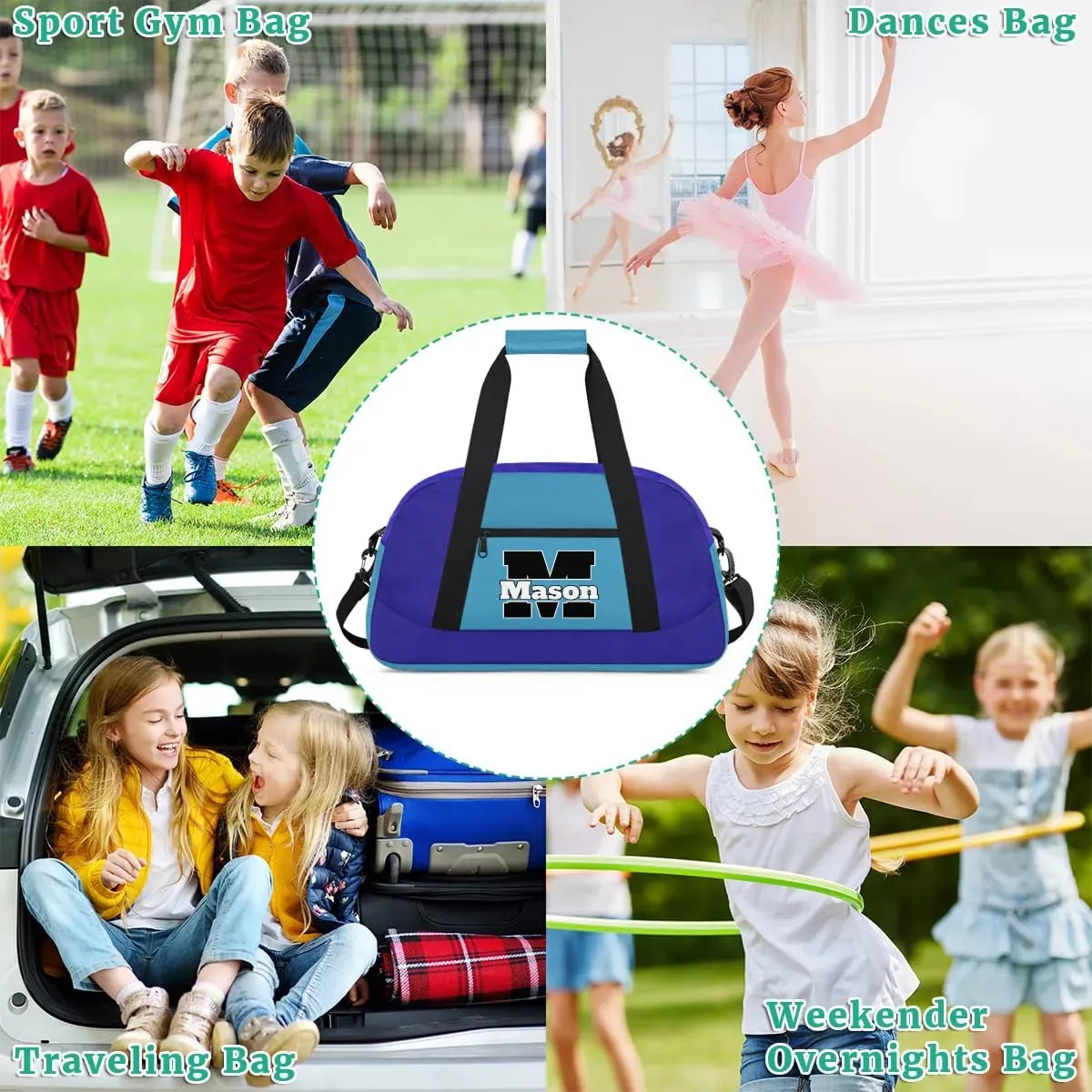 Custom Monogram Letter Initial Sport Duffel Bags Personalized Name Gym Bags Overnight Carry On Weekender Bags Dance Bags, Blue Light Blue