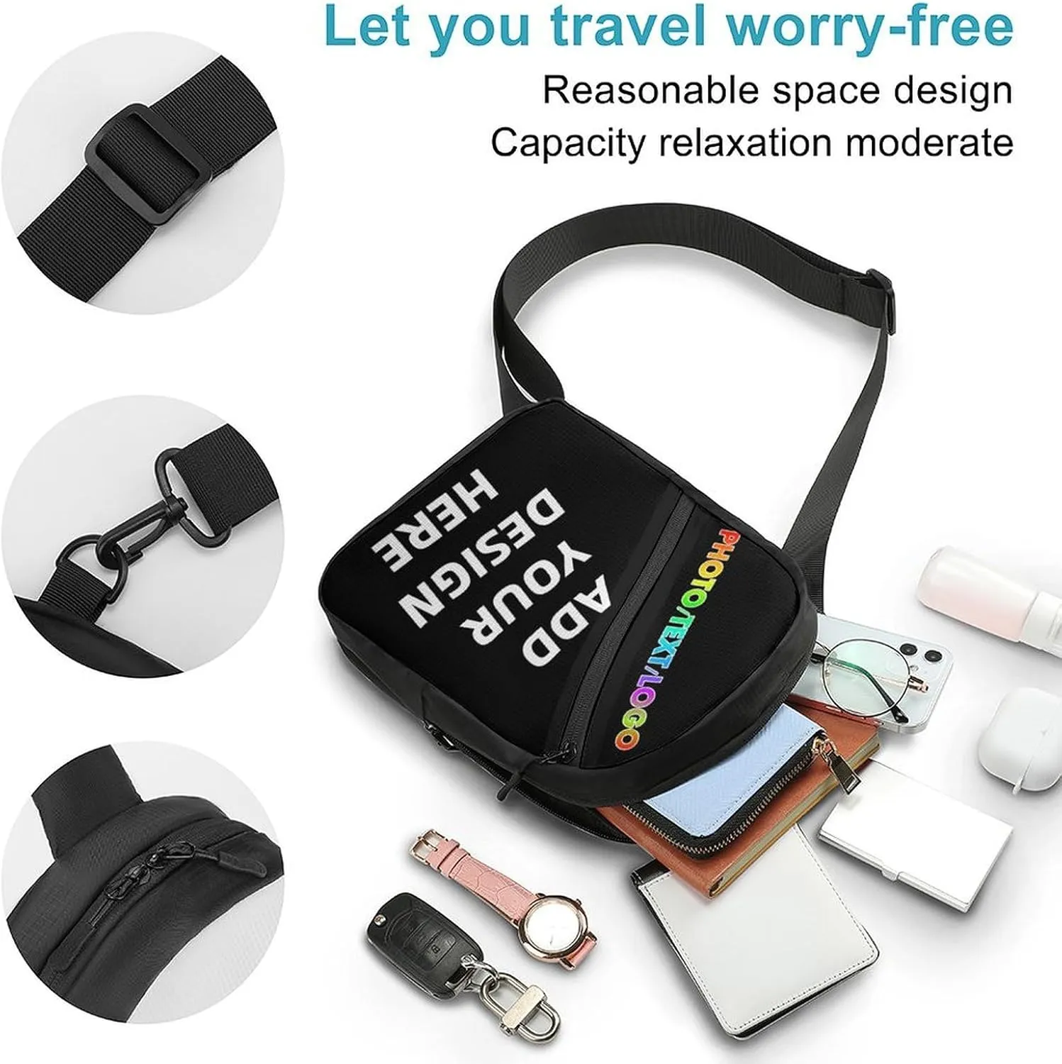 Custom Sling Bag with Photo/Text, Personalized Crossbody Bag Chest Bag Crossbody Bag for Running Travel Hiking
