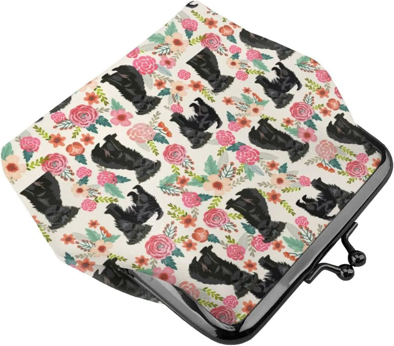 Cute Affenpinscher Dog Puppy Lovers Print Coin Purses For Women Pu Leather Vintage Buckle Coin Kiss-Lock Change Purse Card Holder Pouch Wallets Makeup Bags Pink Flowers Florals Handbag Birthday Gifts