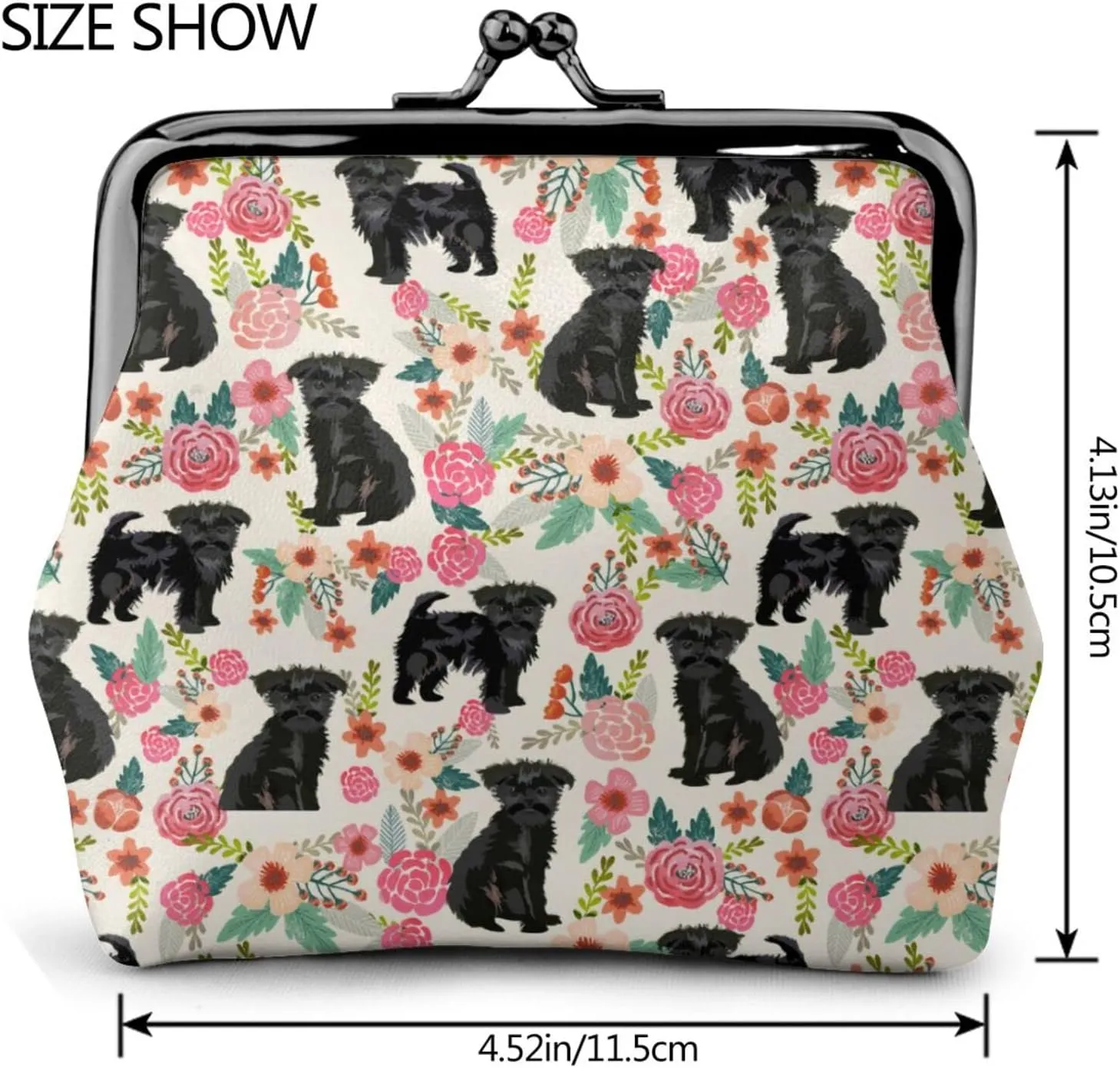 Cute Affenpinscher Dog Puppy Lovers Print Coin Purses For Women Pu Leather Vintage Buckle Coin Kiss-Lock Change Purse Card Holder Pouch Wallets Makeup Bags Pink Flowers Florals Handbag Birthday Gifts