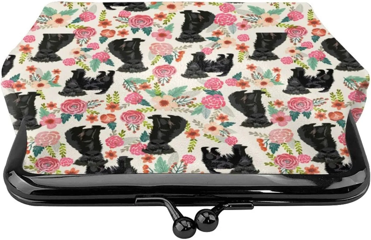 Cute Affenpinscher Dog Puppy Lovers Print Coin Purses For Women Pu Leather Vintage Buckle Coin Kiss-Lock Change Purse Card Holder Pouch Wallets Makeup Bags Pink Flowers Florals Handbag Birthday Gifts