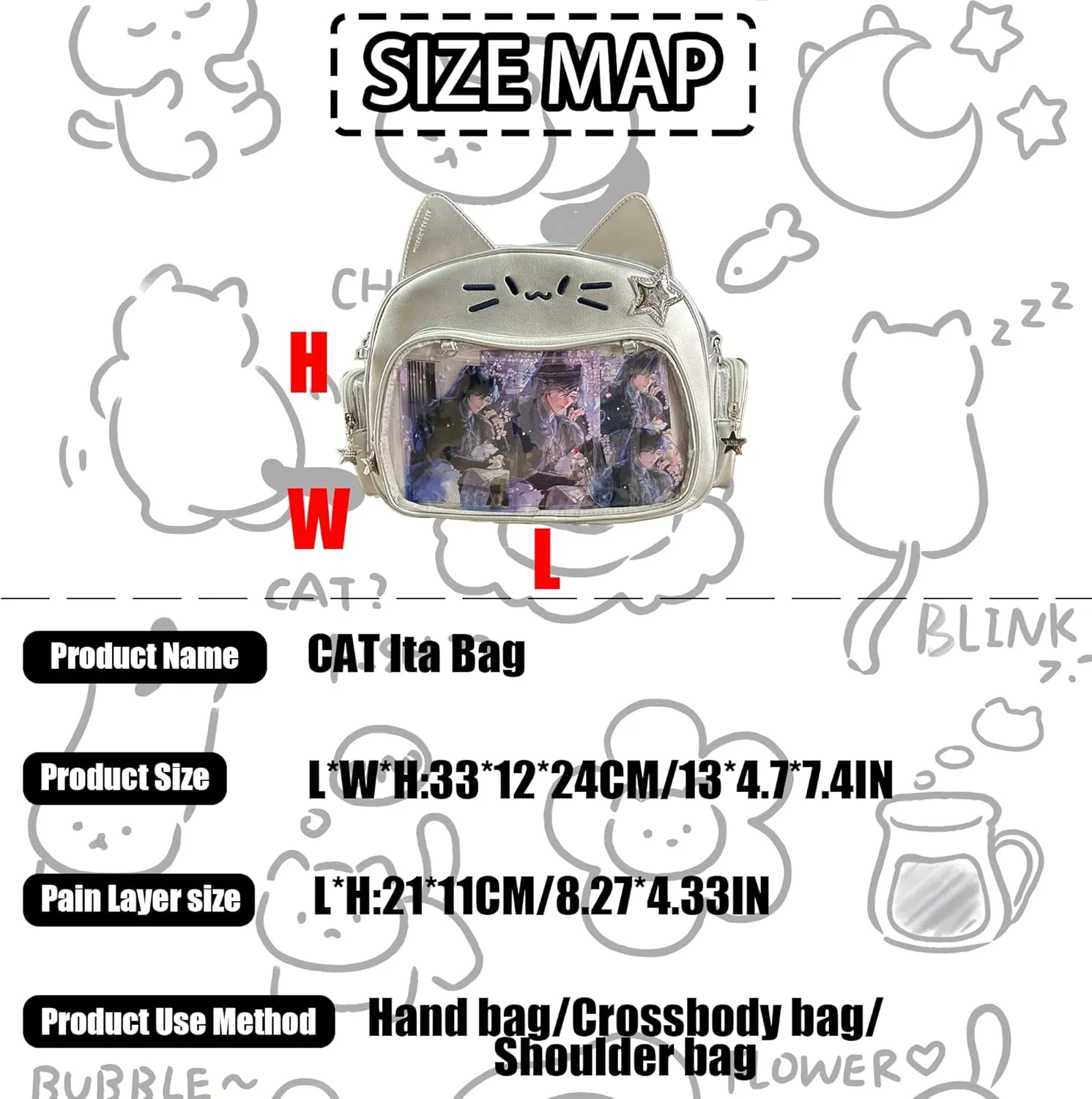 Cute Cat ita bag ita backpack crossbody bag for Y2K Aesthetic pin display with insert