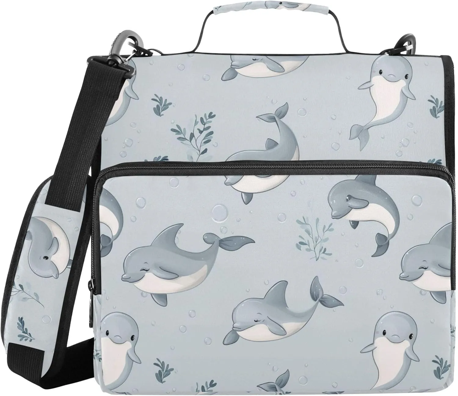 Cute Dolphin Silver Zippered Binder Bag with Handle Laege Capacity 1.5 Inch 3 Rings Portfolio Binder Bag Stationery Organizer Supplies