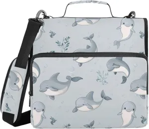 Cute Dolphin Silver Zippered Binder Bag with Handle Laege Capacity 1.5 Inch 3 Rings Portfolio Binder Bag Stationery Organizer Supplies