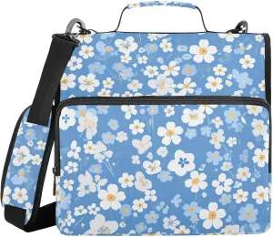 Cute Little Flowers Blue 1.5-Inch 3-Rings Binder with Zipper with Shoulder Strap & Handle Waterproof Zippered Portfolio for School