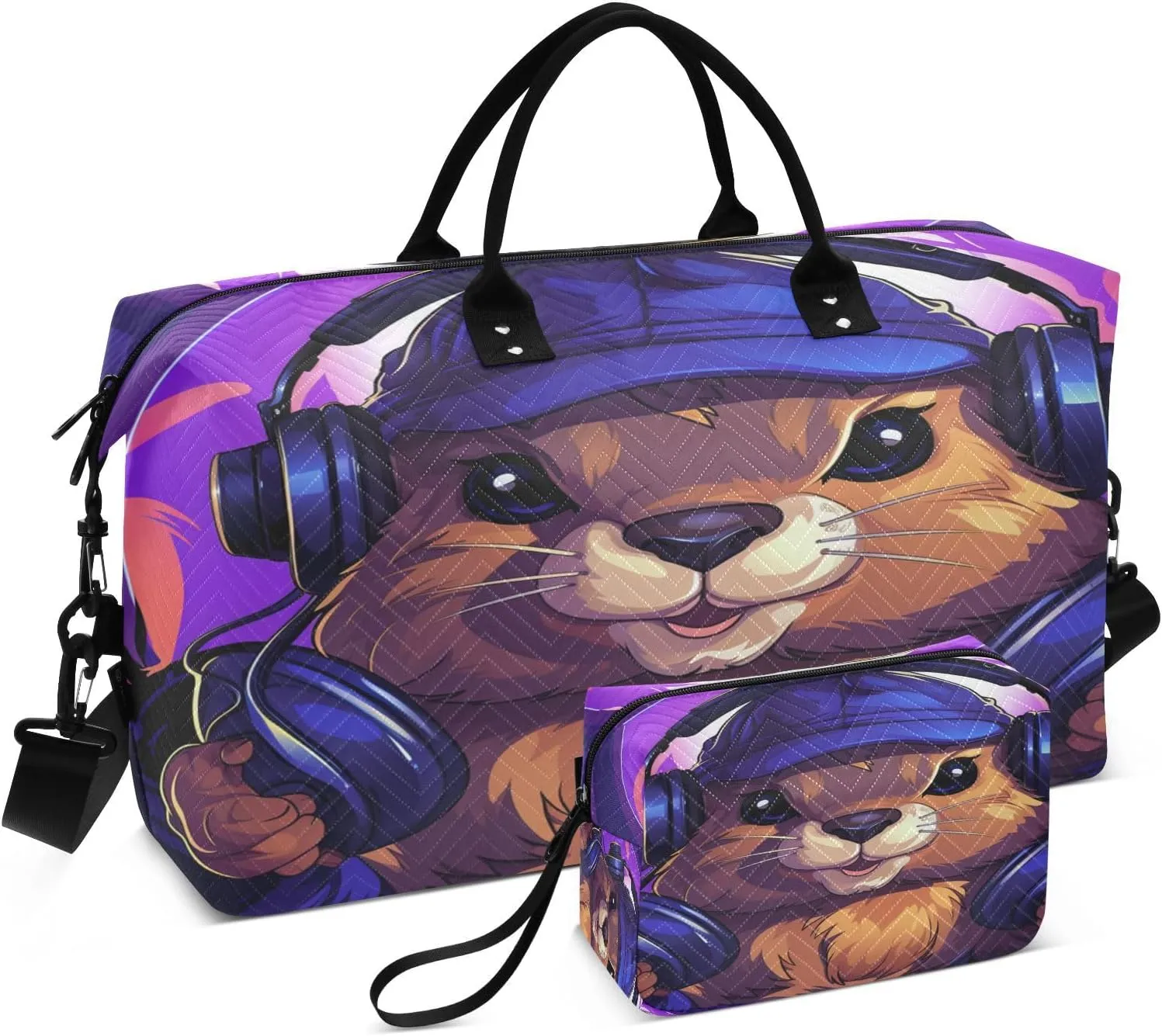 Cute Music Beaver Travel Duffel Bags Gym Bag Weekender Handbag with Toiletry Bag for Women Girls Men