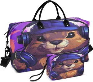 Cute Music Beaver Travel Duffel Bags Gym Bag Weekender Handbag with Toiletry Bag for Women Girls Men