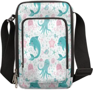 Cute Octopuses Dolphin Jellyfish Shell Fish Starfish Crossbody Bag Small Sling Bag for Women and Men with Adjustable Shoulder Strap and Zipper Waterproof Fanny Pack for Working Traveling Hiking