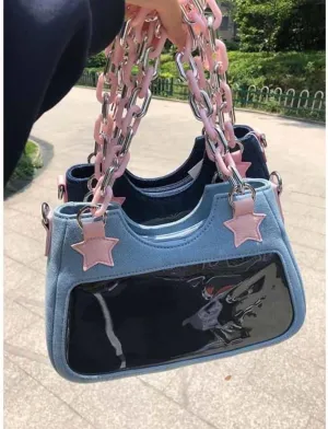 Cute Shoulder Bag Crossbody Bag for Women Y2K Star Patchwork Denim Messenger Bag Handbag for Teen Girls
