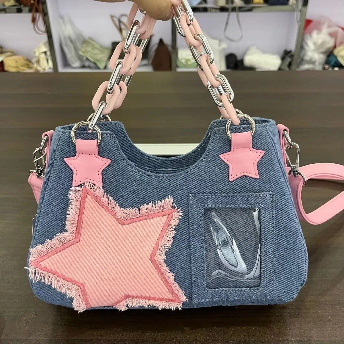 Cute Shoulder Bag Crossbody Bag for Women Y2K Star Patchwork Denim Messenger Bag Handbag for Teen Girls