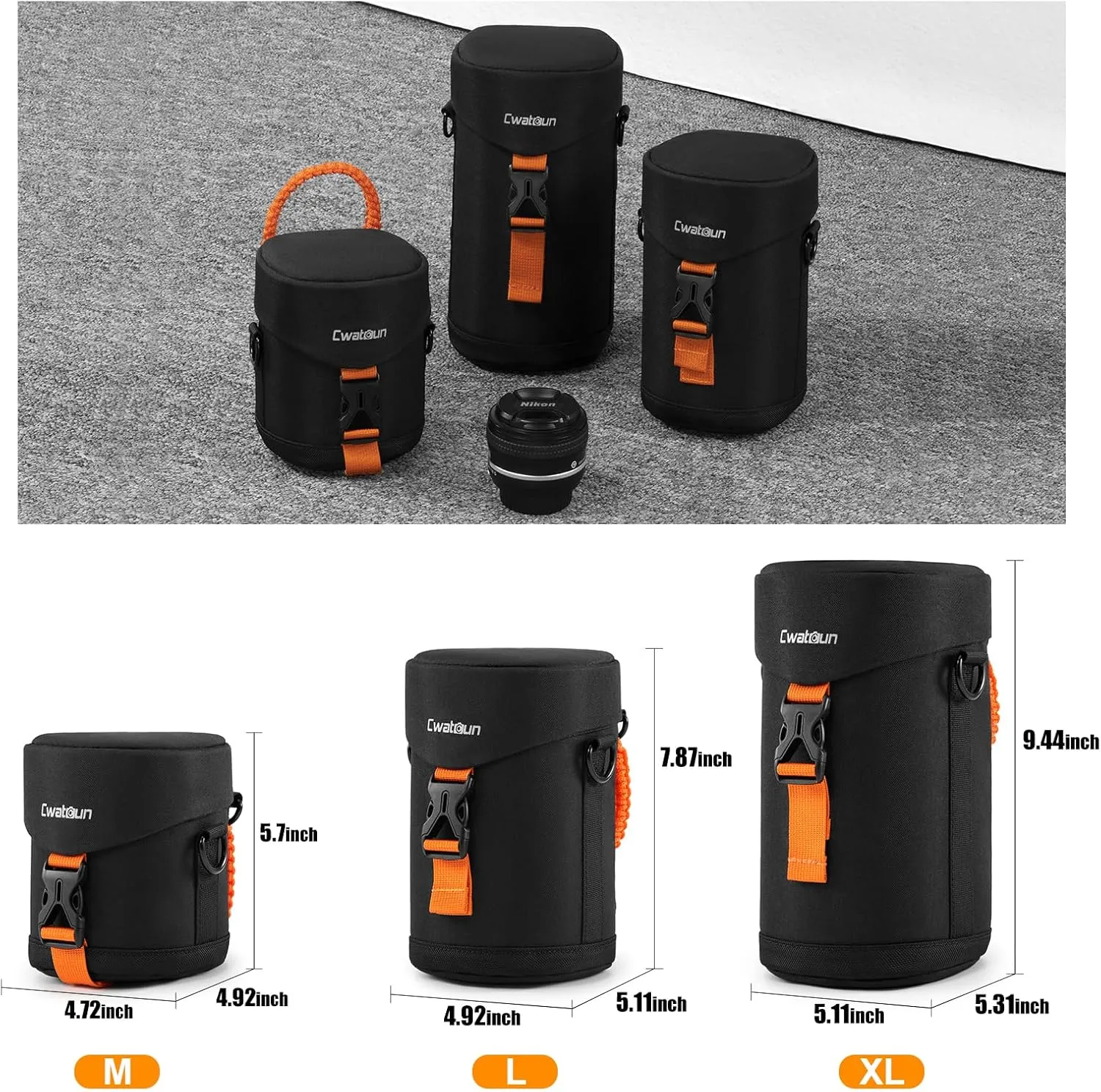 Cwatcun Camera Lens Case, Hard Case Shockproof DSLR Camera Lens Pouch with Shoulder Strap, Water Resistant for Nikon, Sony, Fuji, Canon and Other Lenses Below 3.03" x 7.87" (D x L)