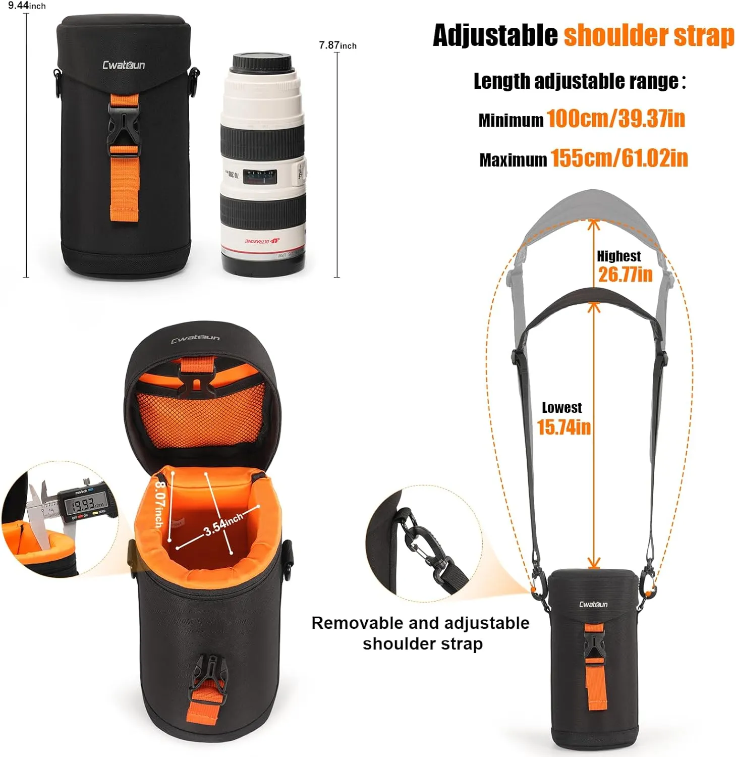 Cwatcun Camera Lens Case, Hard Case Shockproof DSLR Camera Lens Pouch with Shoulder Strap, Water Resistant for Nikon, Sony, Fuji, Canon and Other Lenses Below 3.03" x 7.87" (D x L)