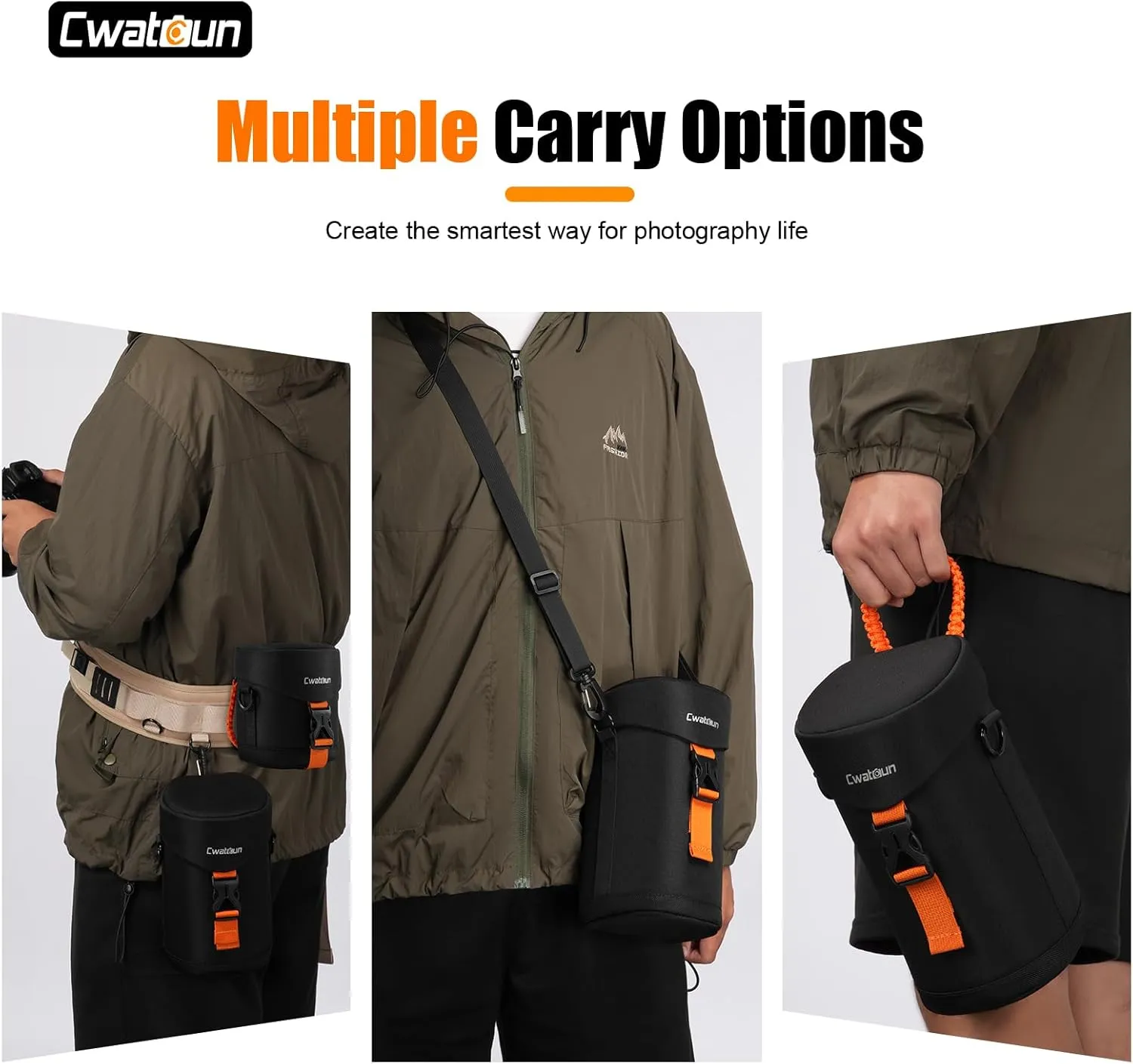 Cwatcun Camera Lens Case, Hard Case Shockproof DSLR Camera Lens Pouch with Shoulder Strap, Water Resistant for Nikon, Sony, Fuji, Canon and Other Lenses Below 3.03" x 7.87" (D x L)