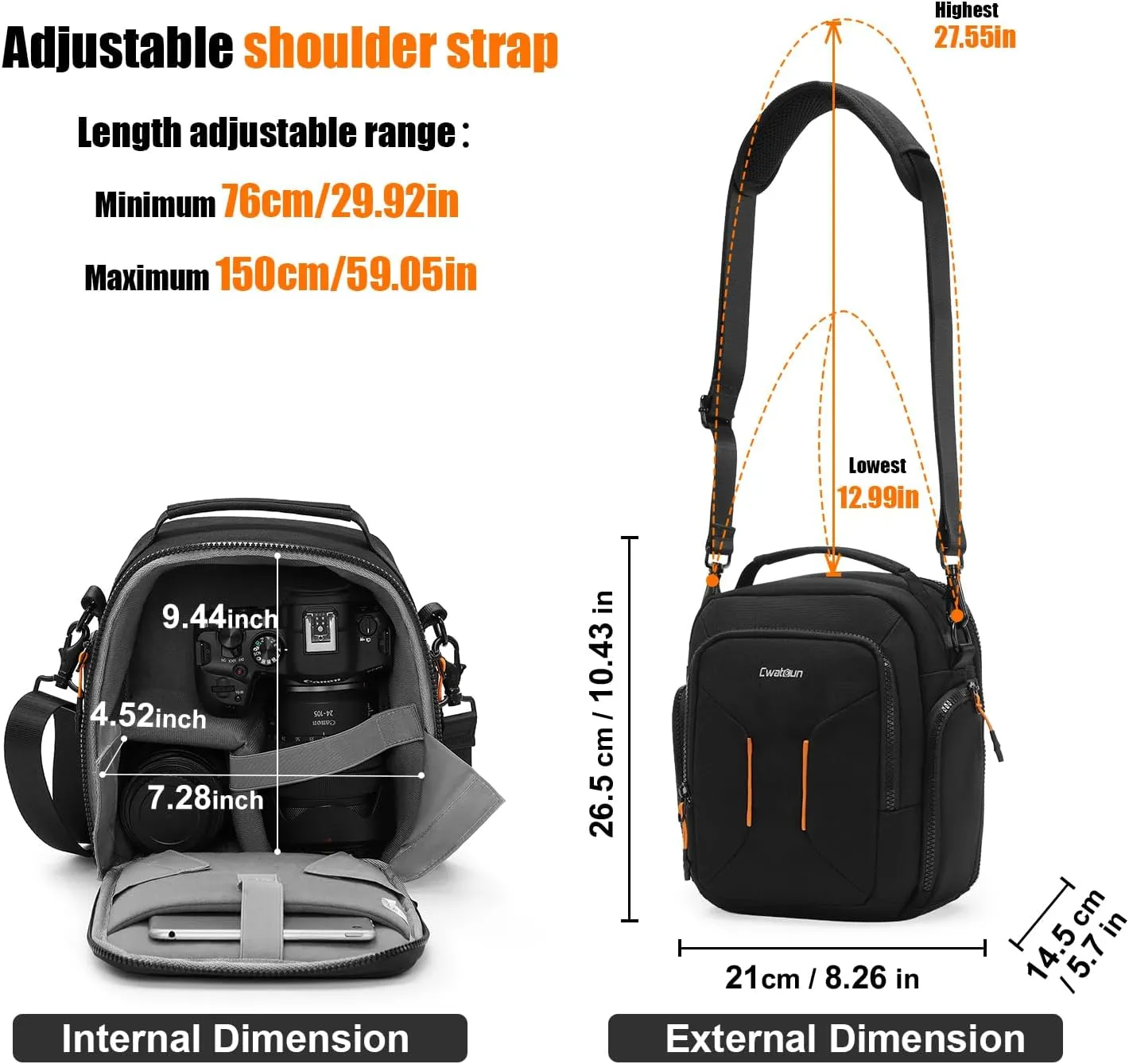 Cwatcun Campact Camera Bag Camera Sling Case for Canon Nikon Sony Fuji Cameras, Lens, DSLR SLR Mirrorless, Shoulder Corssbody Camera Bag, Travel Photography Water-resistant Bag Purse, Black