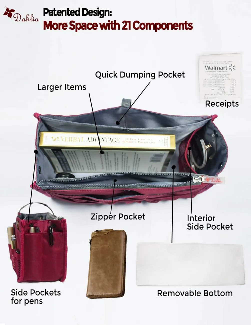 Dahlia Patented Handbag Purse Organizer Insert - STURDY Flexible