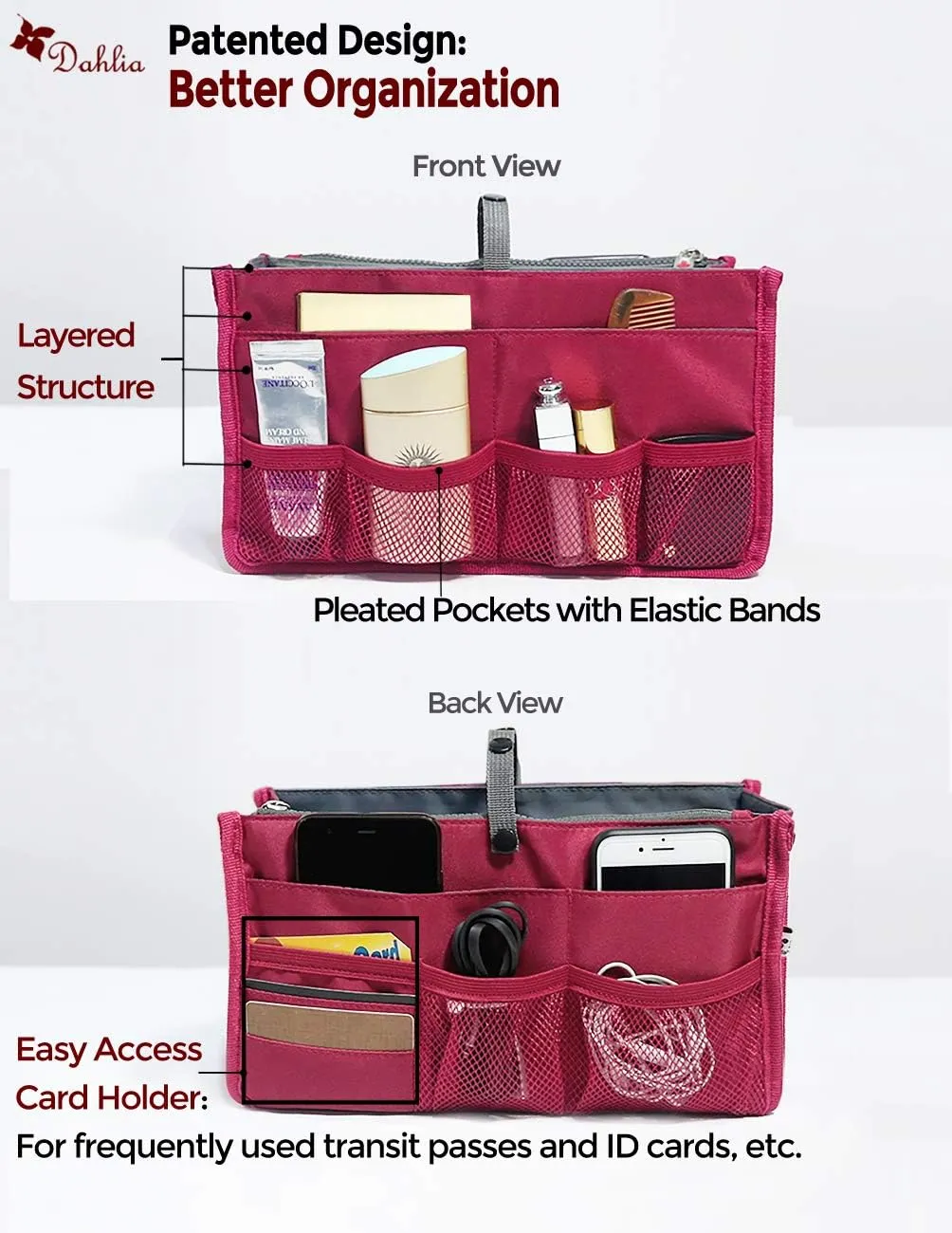 Dahlia Patented Handbag Purse Organizer Insert - STURDY Flexible