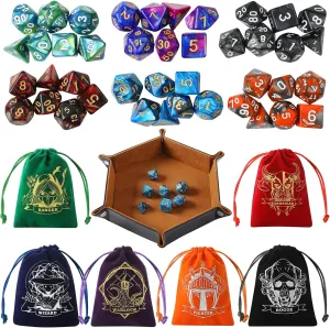 D&D Dice Set with Characters Pattern Dice Pouches, 42 Pcs polyhedral dice Set, PU Leather and Velvet dice Tray for Dungeons and Dragons D&D RPG MTG Table Games