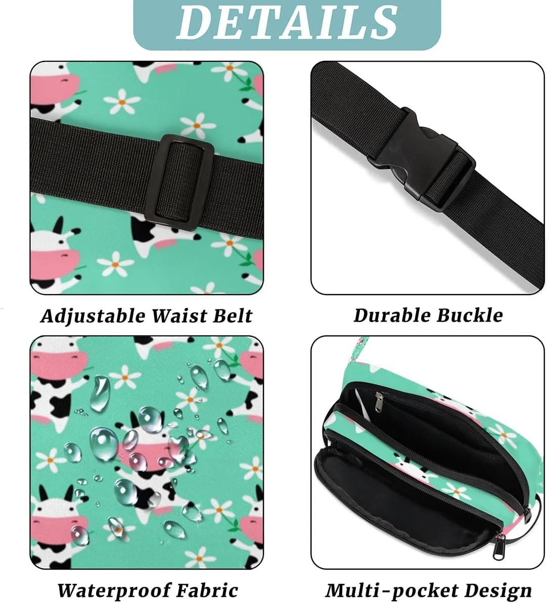 Dancing Cow Fanny Pack for Women Men Waterproof Belt Bag Crossbody Waist Bag with Adjustable Strap Fashion Waist Packs for Casual Running Gym Hiking Travel Workout Cycling
