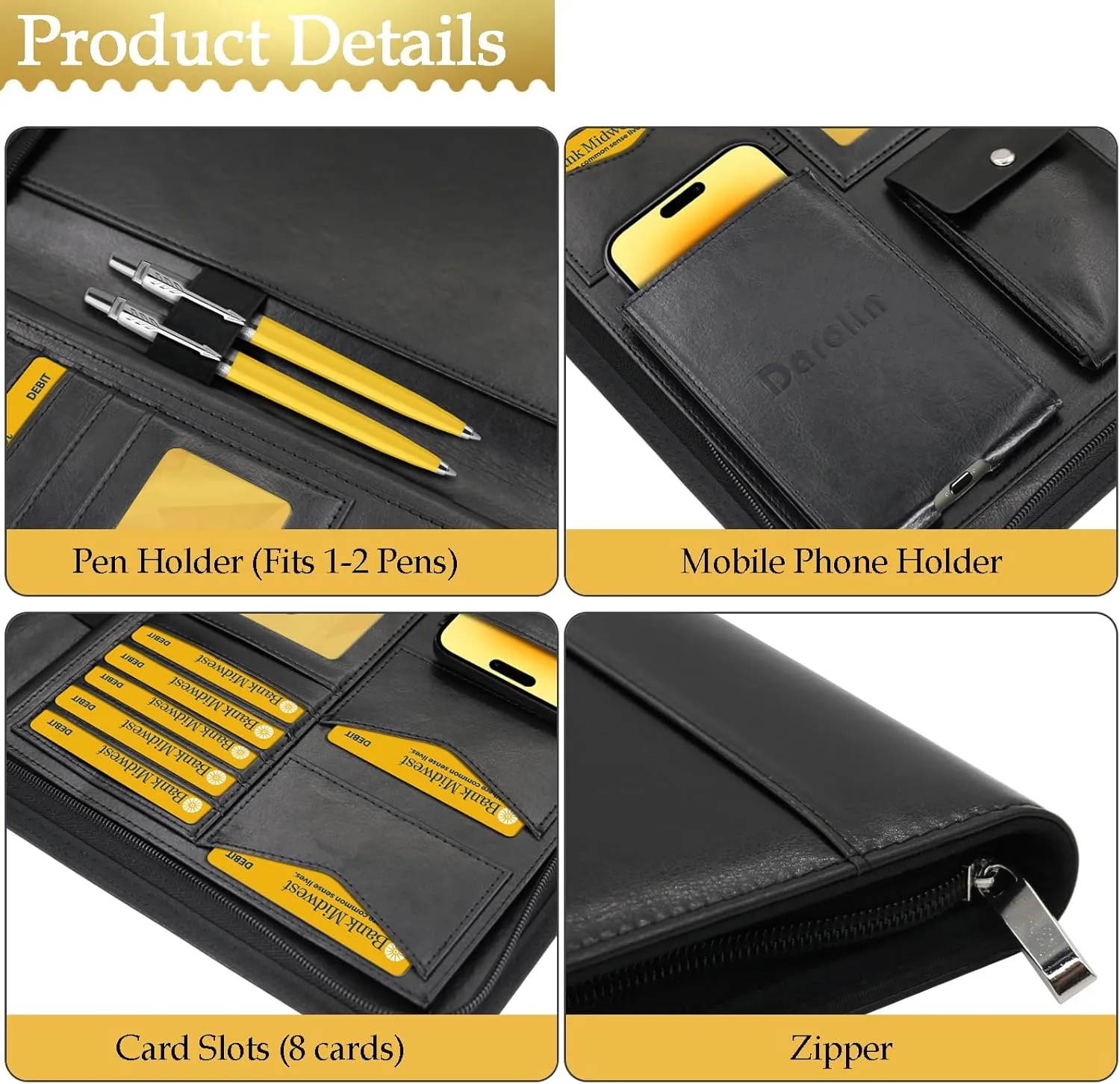 Darolin [Safe Zippered Portfolio Padfolio Organizer Binder with Clipboard, Leather Business Interview Resume Document Holder Folder Planner Organizer for Office Conference Notepad Bag for Men Women
