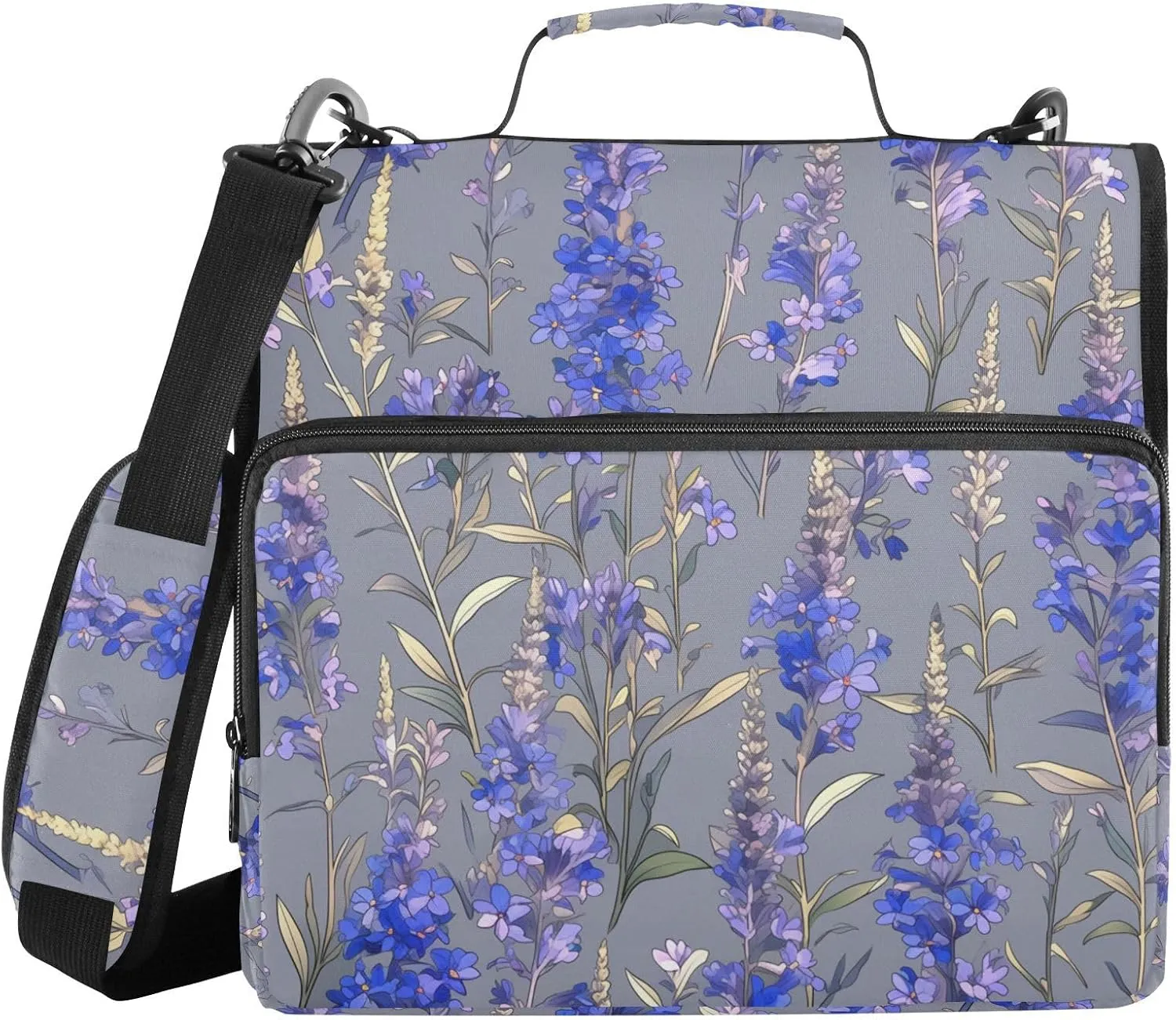 Deep Blue Flower 3 Rings 1.5 inch Binder Zipper with Strap Multiple Pockets Zippered Portfolio Suitable for Middle School