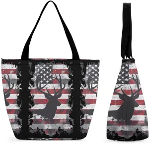 Deer Hunting U.S. Flag Womens Tote Bag Purse with Zippered Shoulder Handbags For Work
