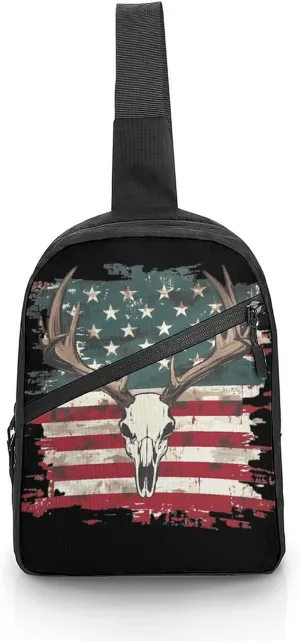 Deer Skull U.S. Flag Chest Bag Foldable Crossbody Unisex Pack Travel Hiking Adjustable Shoulder Straps Sling Bags