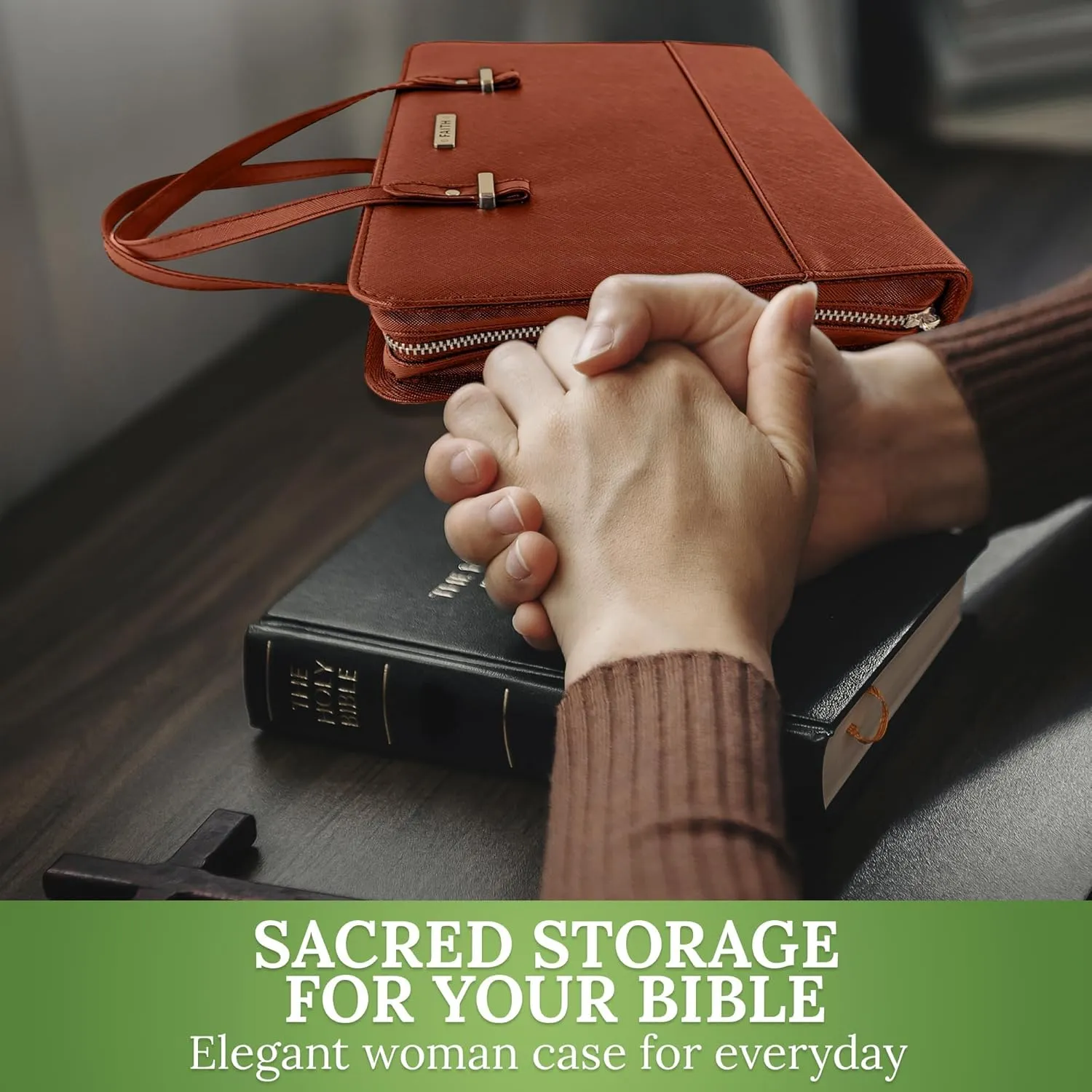 DEHITE Bible Bags for Women - Leather Bible Carrying Case - Pen Slots - Zippered Pocket - Premium PU Leather
