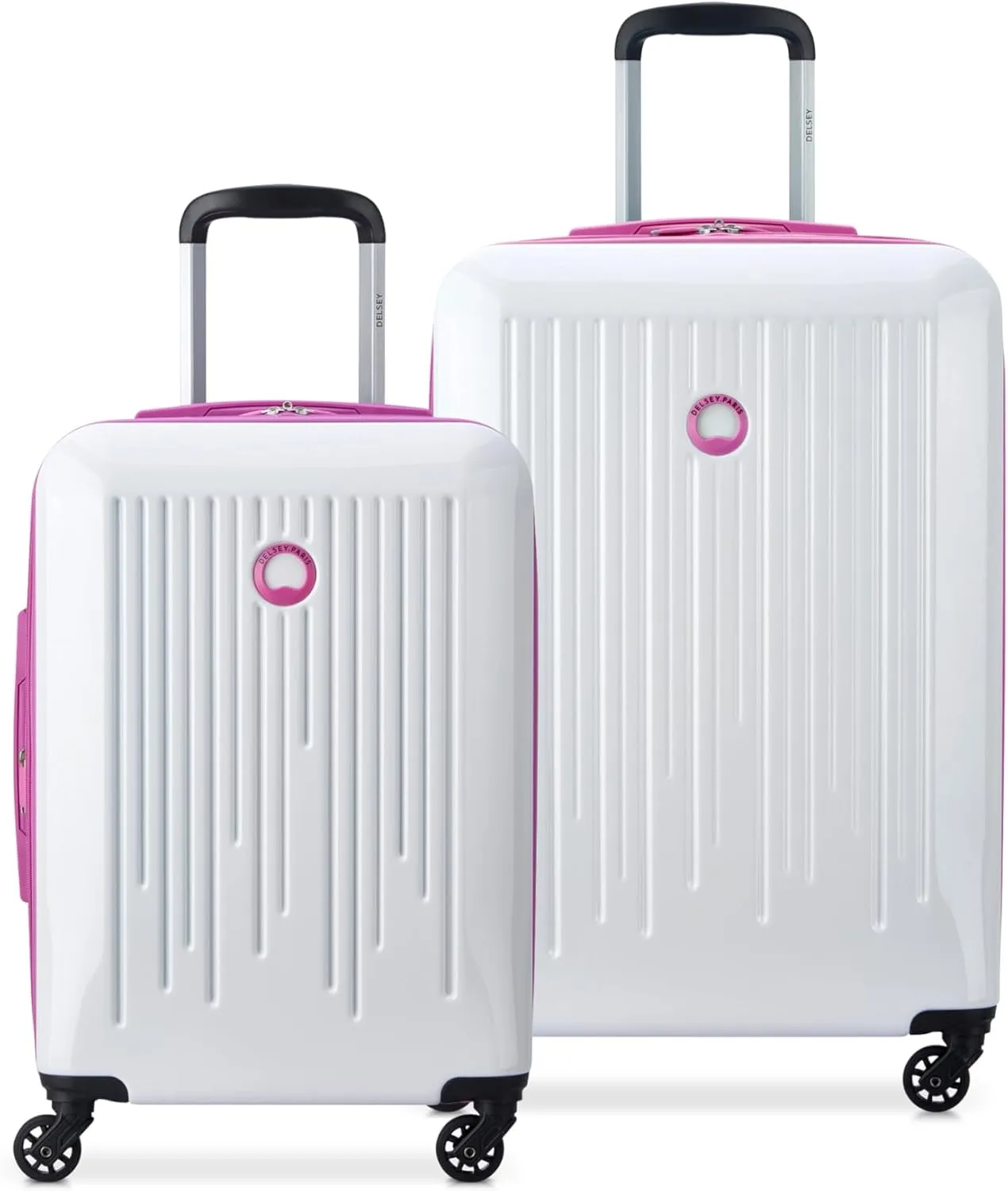 DELSEY PARIS Christine Expandable Luggage, Stylish and Unique, Glossy Exterior with 360 Spinner Wheels, Lockable Telescoping Handle, Nestable Luggage Set, White with Mauve Trim, 2-Piece Set (20/24)