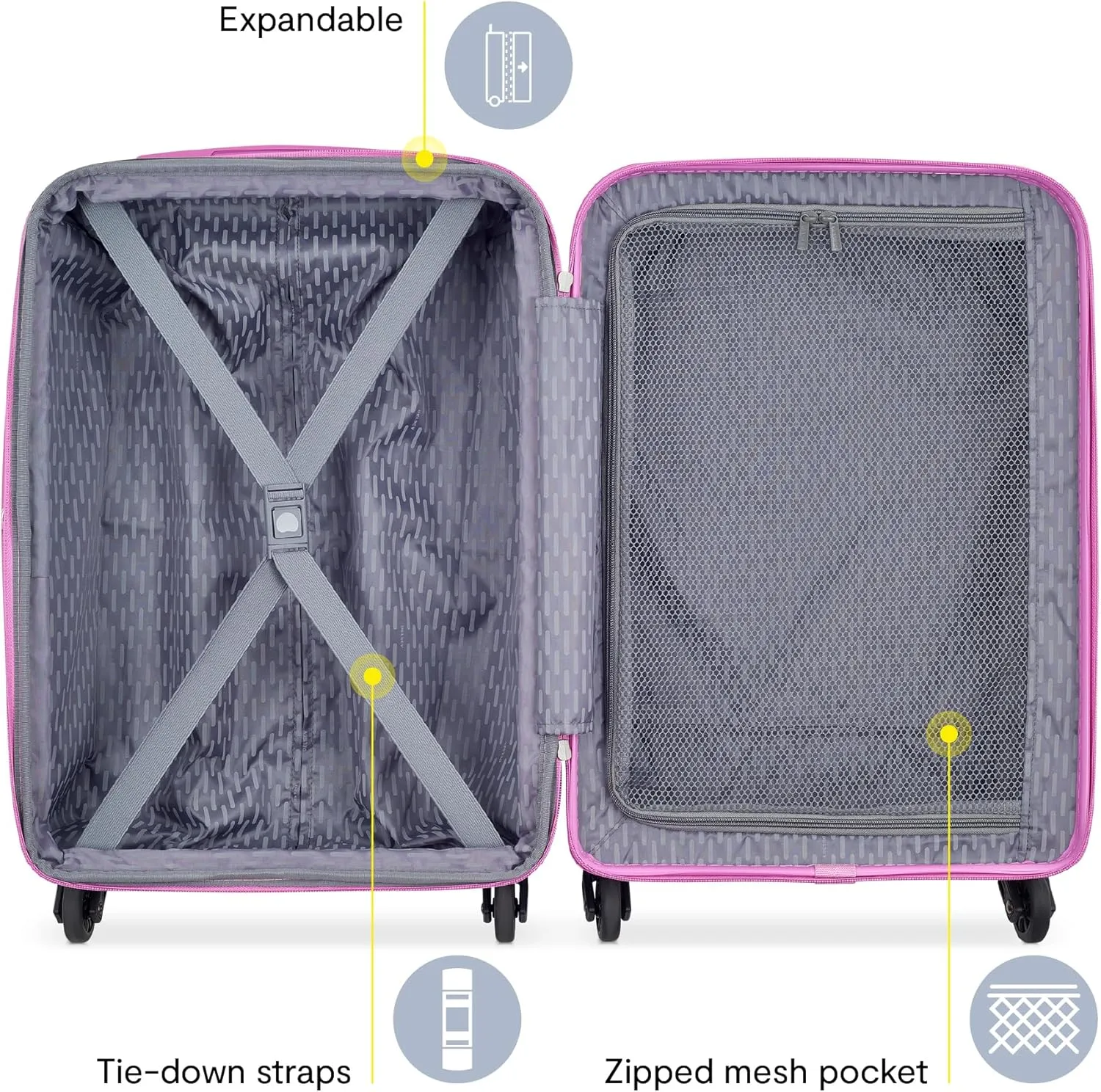 DELSEY PARIS Christine Expandable Luggage, Stylish and Unique, Glossy Exterior with 360 Spinner Wheels, Lockable Telescoping Handle, Nestable Luggage Set, White with Mauve Trim, 2-Piece Set (20/24)