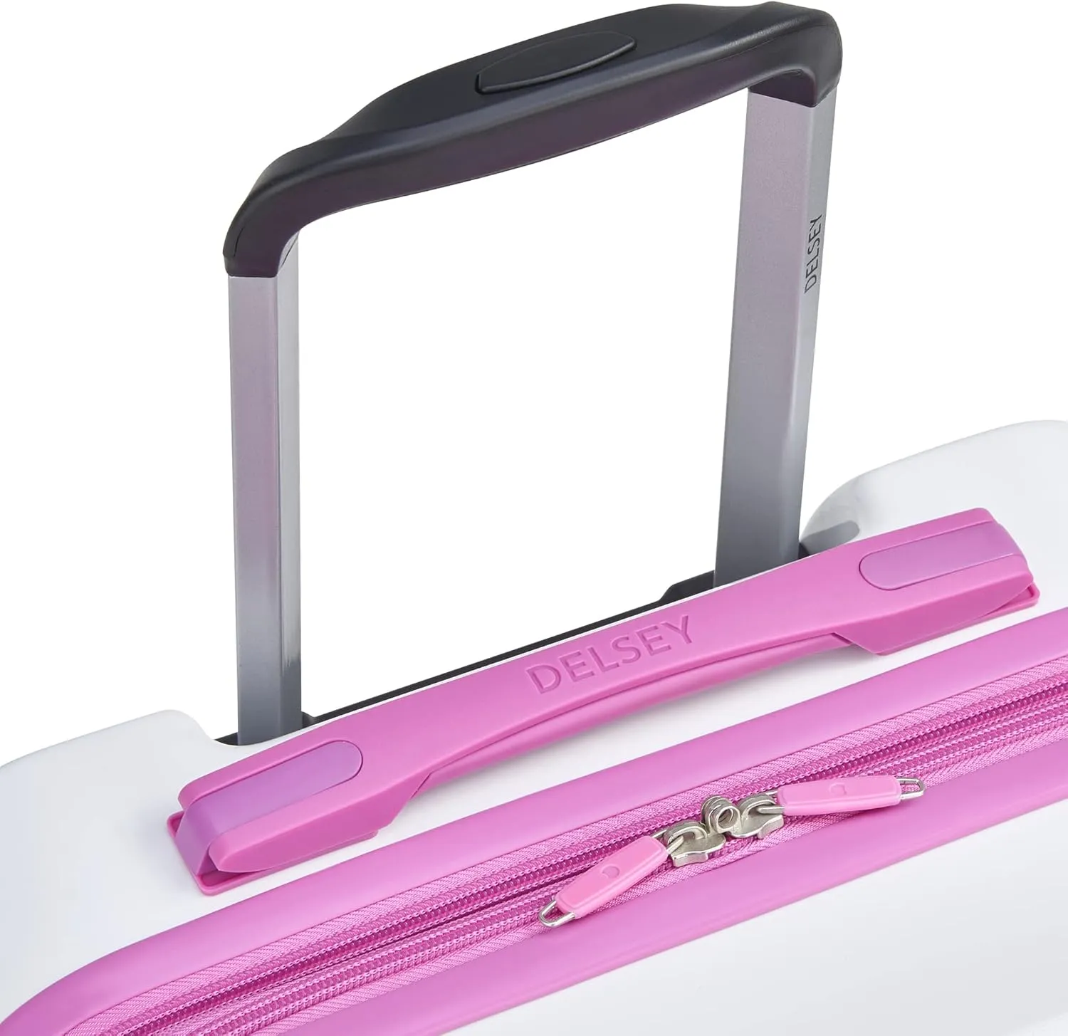 DELSEY PARIS Christine Expandable Luggage, Stylish and Unique, Glossy Exterior with 360 Spinner Wheels, Lockable Telescoping Handle, Nestable Luggage Set, White with Mauve Trim, 2-Piece Set (20/24)