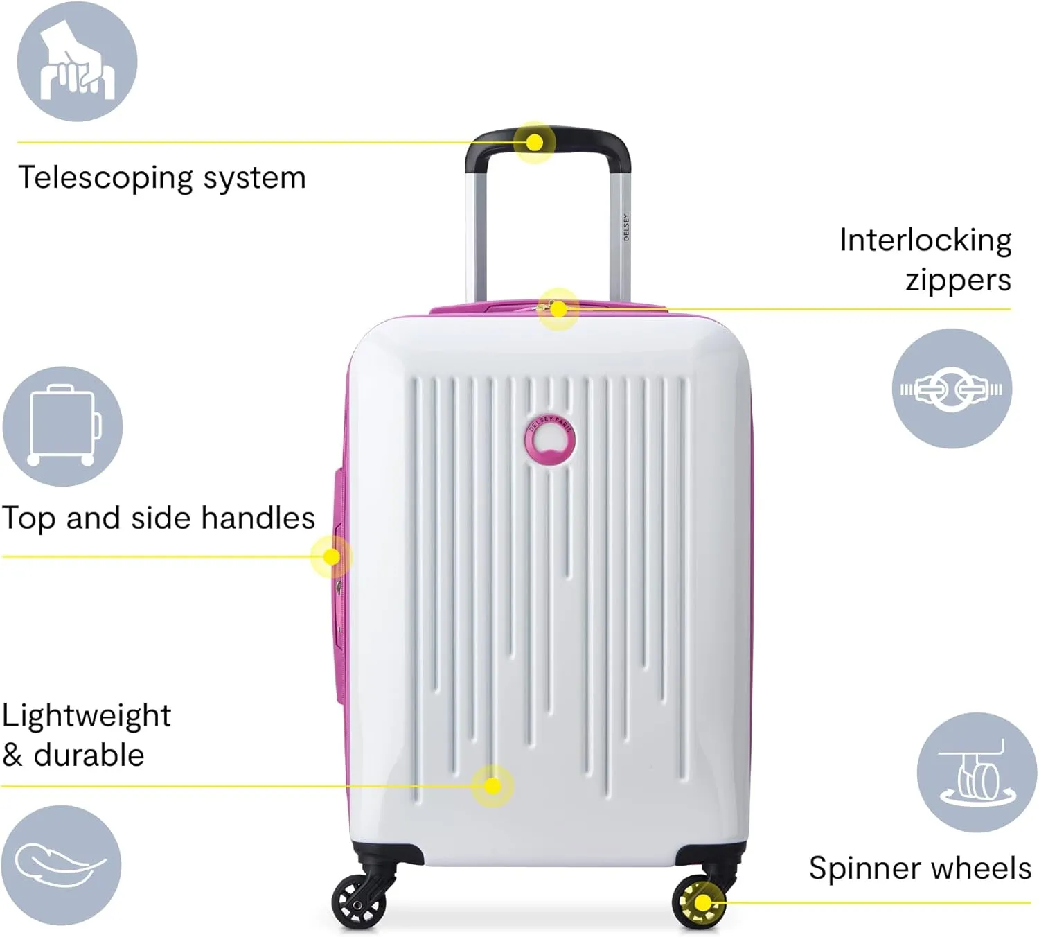 DELSEY PARIS Christine Expandable Luggage, Stylish and Unique, Glossy Exterior with 360 Spinner Wheels, Lockable Telescoping Handle, Nestable Luggage Set, White with Mauve Trim, 2-Piece Set (20/24)
