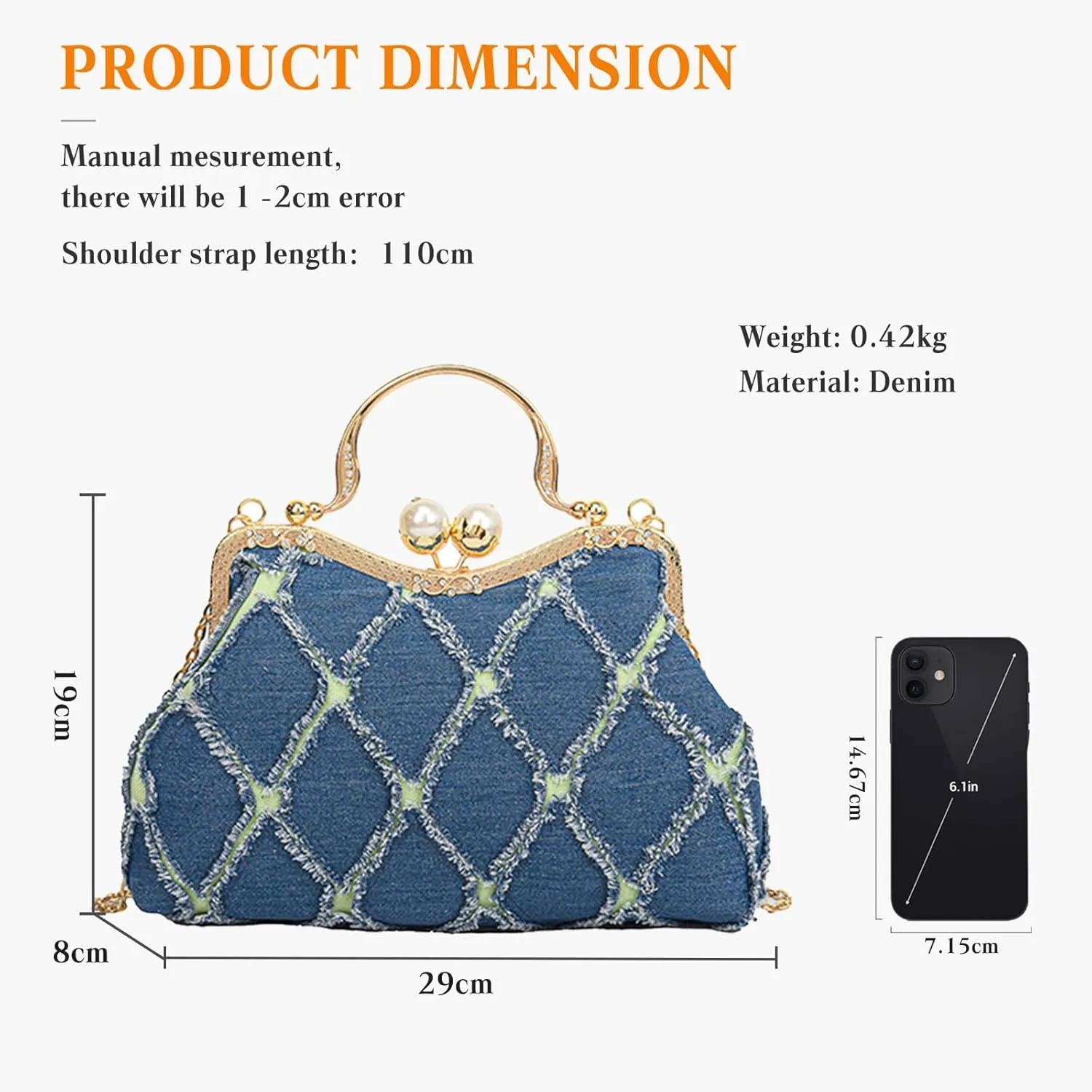 Denim Clutch Bag Women Quilted Evening Bag Bridal Wedding Purse Sparkly Rhinestone Handbag Beaded Pearl Crossbody Bag