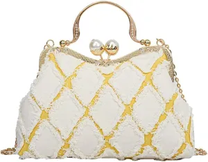 Denim Clutch Bag Women Quilted Evening Bag Bridal Wedding Purse Sparkly Rhinestone Handbag Beaded Pearl Crossbody Bag