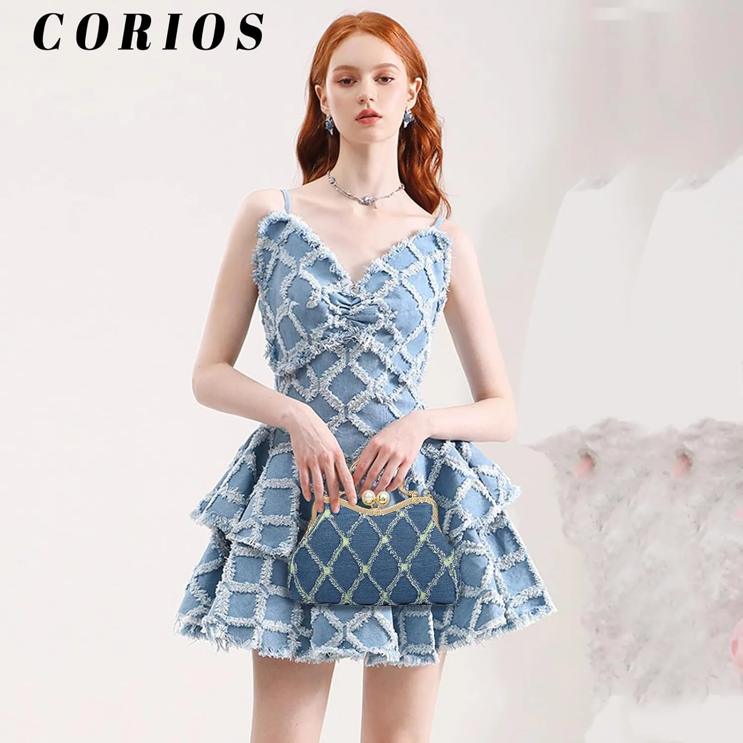 Denim Clutch Bag Women Quilted Evening Bag Bridal Wedding Purse Sparkly Rhinestone Handbag Beaded Pearl Crossbody Bag