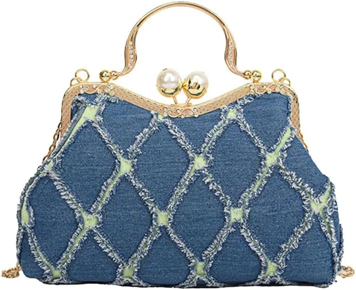 Denim Clutch Bag Women Quilted Evening Bag Bridal Wedding Purse Sparkly Rhinestone Handbag Beaded Pearl Crossbody Bag
