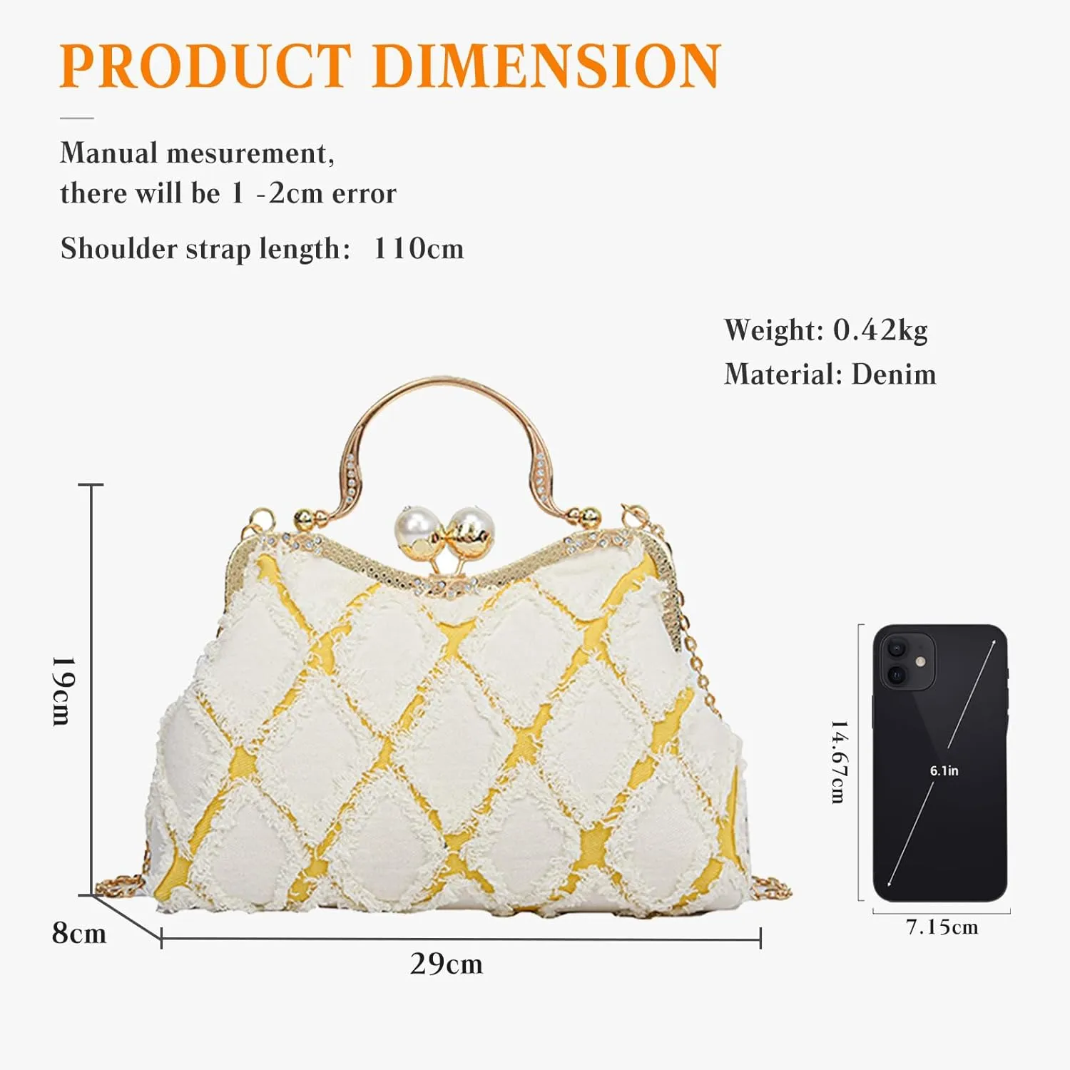 Denim Clutch Bag Women Quilted Evening Bag Bridal Wedding Purse Sparkly Rhinestone Handbag Beaded Pearl Crossbody Bag