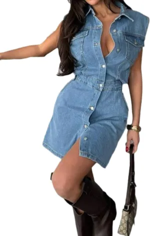Denim Dress for Women Sleeveless Button Down Collar V Neck Bodycon Mini Short Jean Dresses with Pockets